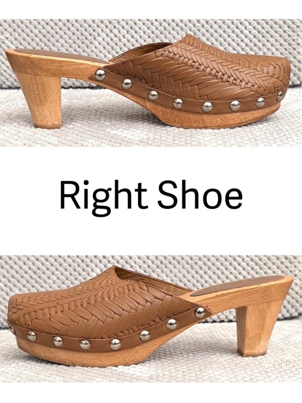 Miu Miu 36 US 6 Y2K Woven Leather Wooden Mules Metal Studs Chunky Wood Mid-Heel - Picture 4 of 10